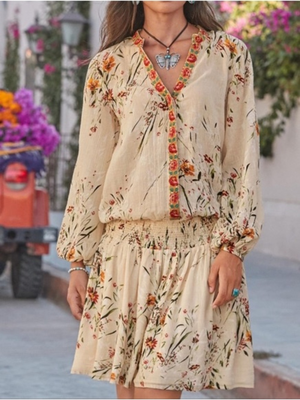 New Sundance Embroidered Floral Bloom Drop waist Midi Everyday Dress SZ L